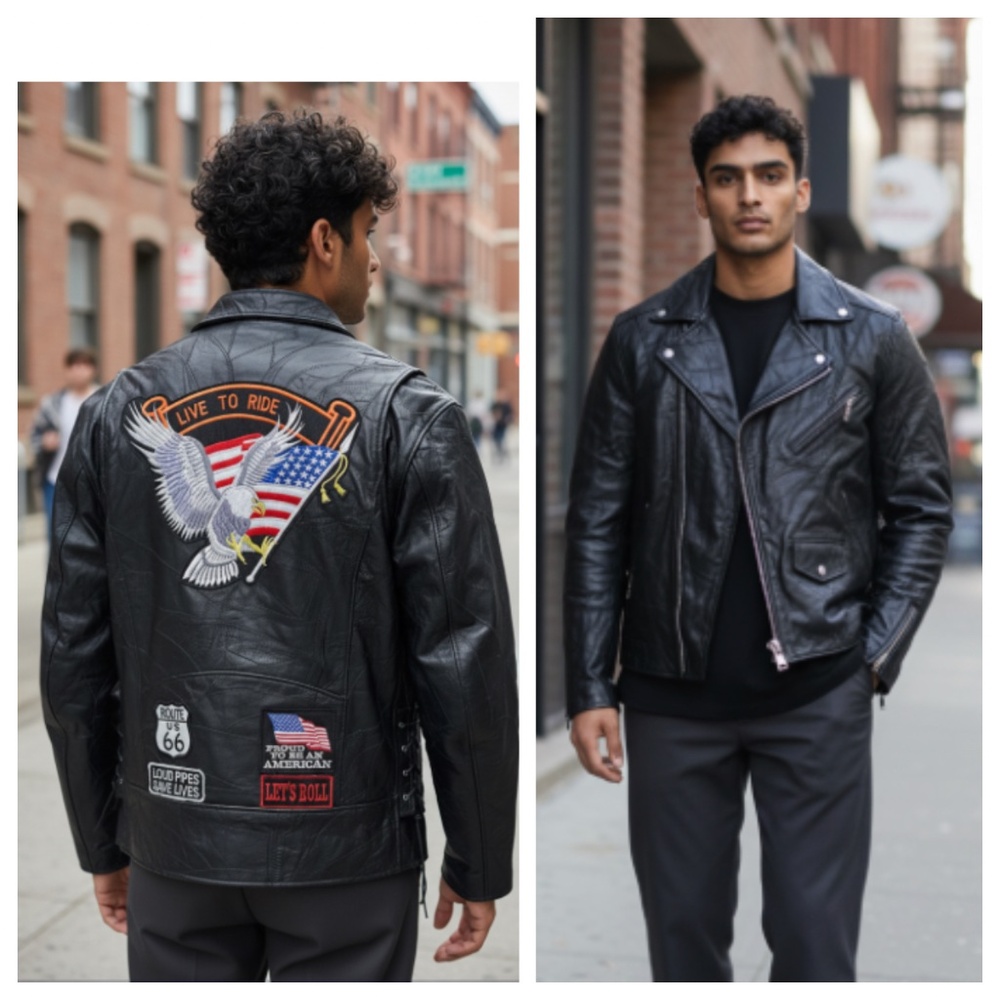 Diamond Plate Buffalo Leather Motorcycle Jacket Men 2XL Black Patches Eagle Flag